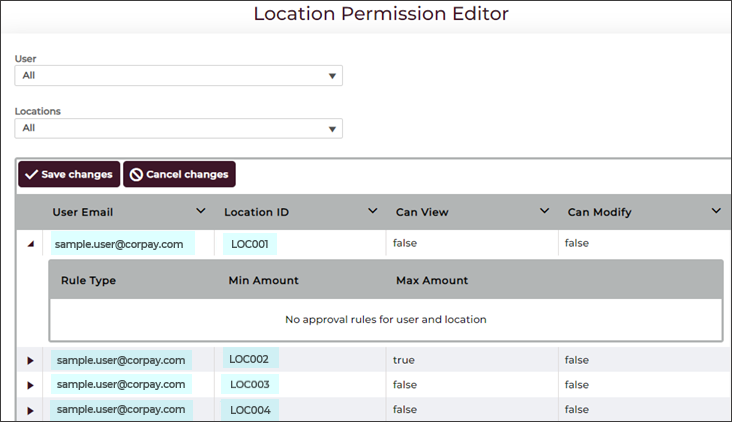 The Location Permission Editor displays a list of current users, all locations associated with your company, and the access level each user has for those locations.