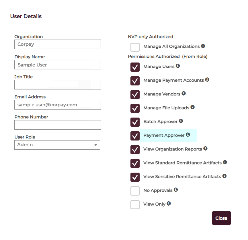 User Details with Payment Approver permission